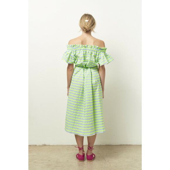 New Corey Lynn Calter Biata Off-The-Shoulder Midi Dress $178 SMALL Blue Lime - Picture 2 of 7